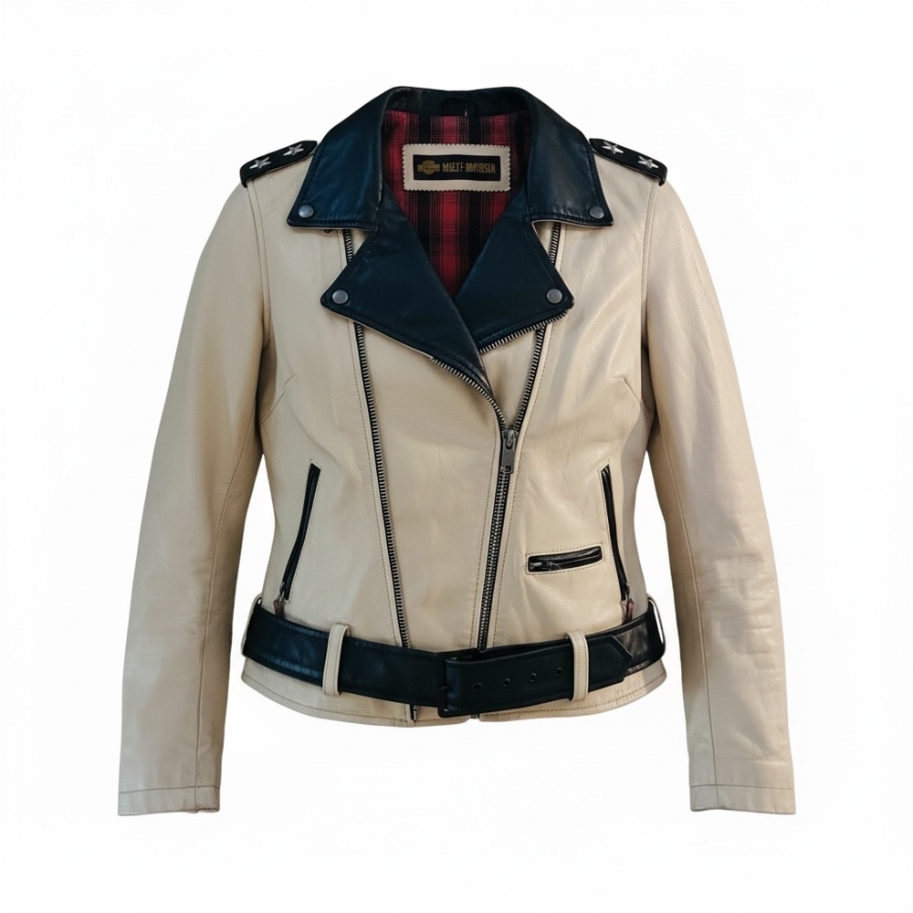 Harley-Davidson Beige and Black Leather Moto Jacket
